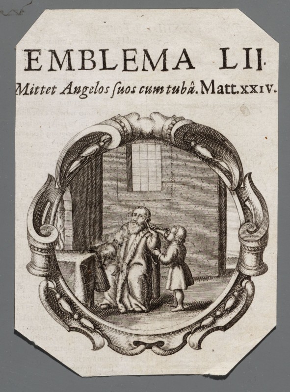 Ornamentprent. Embleem. Mittet Angelos suos cum tuba.
