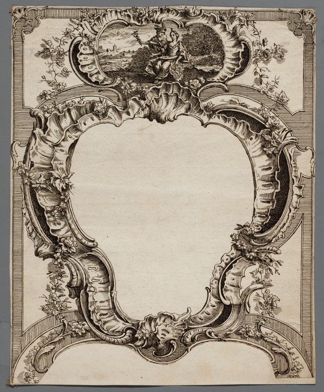 Ornamentprent. Rocaillecartouche.