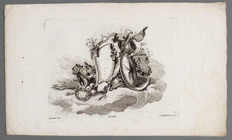 Ornamentprent. Suitte de cartels et de trophées d‘ après la Fosse (kopie).