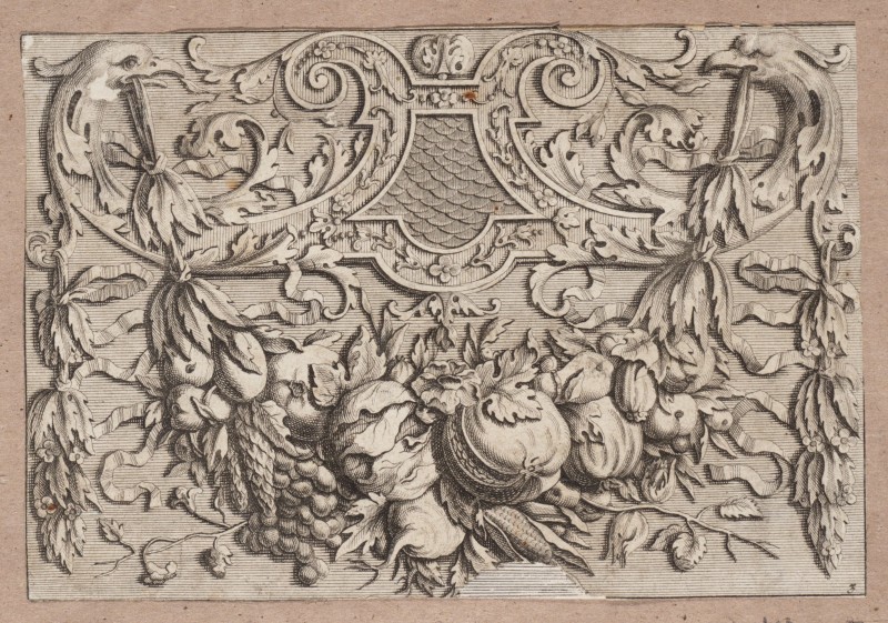 Ornamentprent. Neu jnventirte Festonen von Früchten und Blumen mit Laub und Bandel- Werck. Erster Theil.
