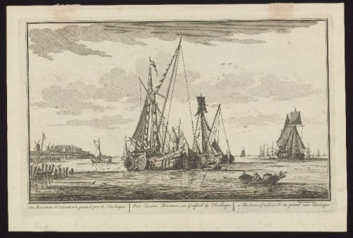 Adolf van der Laan - Kopergravure met voorstelling van een wijdschip voor anker