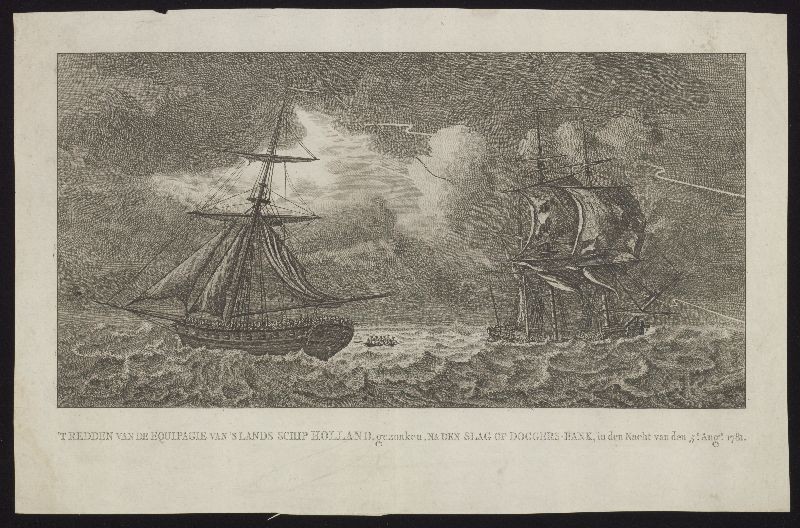 Kopergravure. Het redden van de bemanning van het schip Holland na de slag bij de Doggersbank.