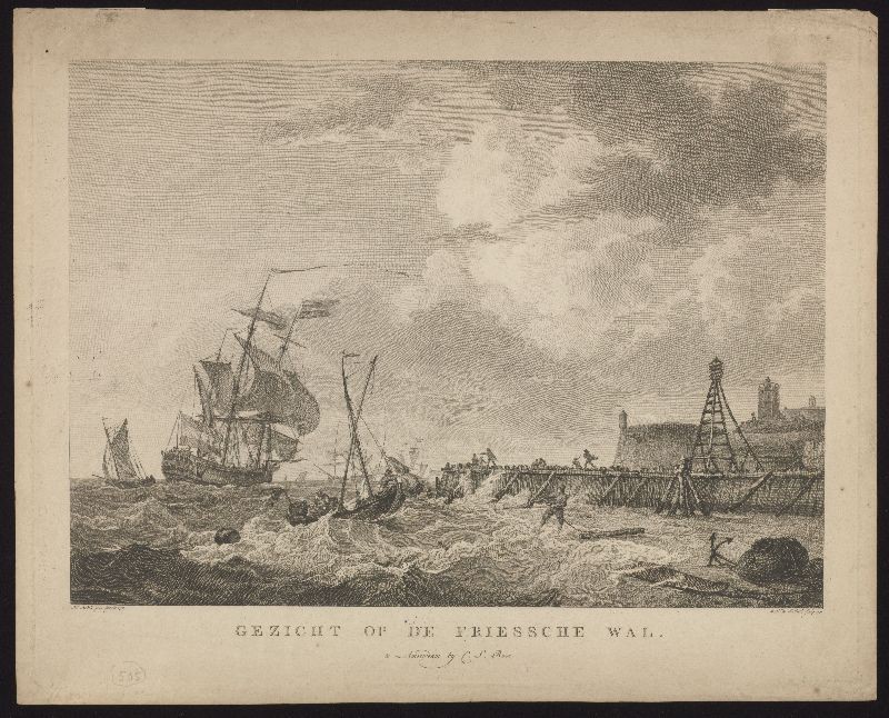 Kopergravure met voorstelling van de Friese kust bij Harlingen.
