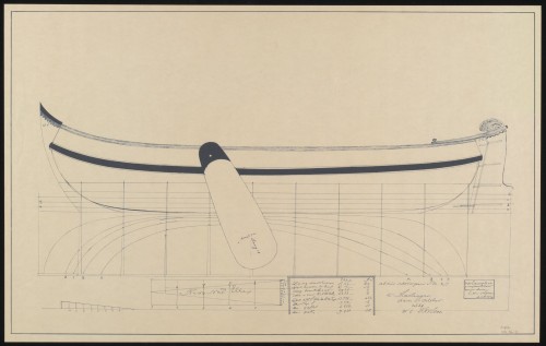 Kopie van een scheepsbouwtekening van een tjalk door Folkert Nicolaas van Loon.
