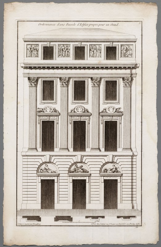 Ornamentprent. Deßeins d’Architecture pour l’ordonnance des Façades d’Edifices publics et Souverains. Ordonnance d’une Façade d’ Edifice propre pour un Grand.