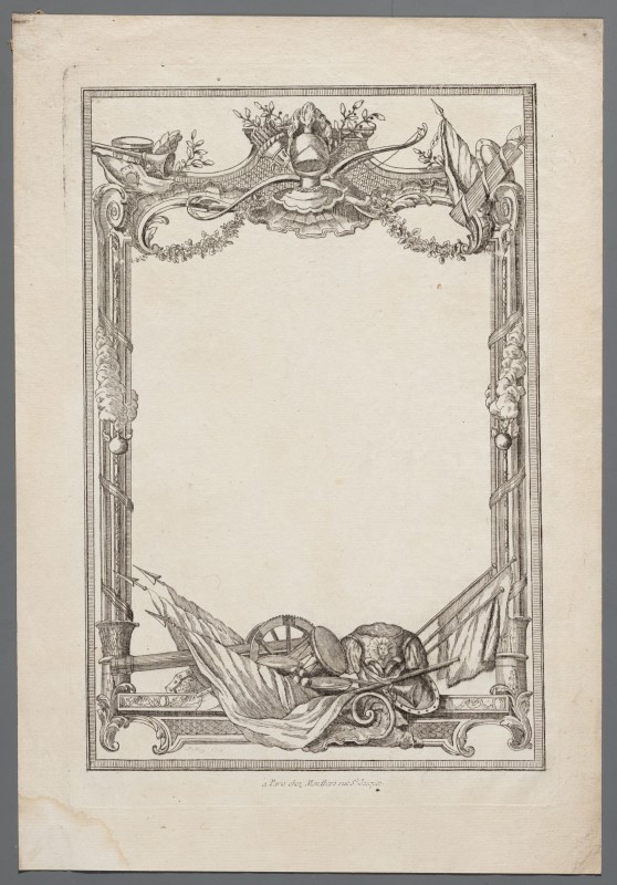 Ornamentprent. Cartouche met wapentrofee.