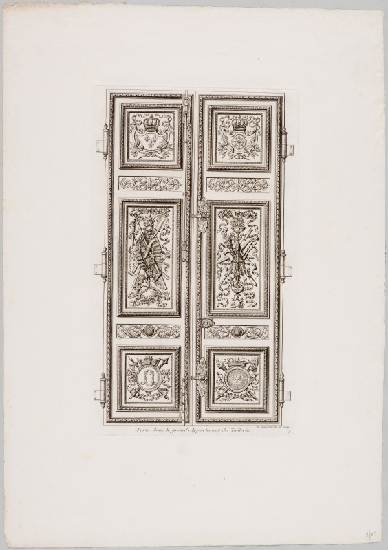 Ornamentprent. Ornemens de peinture et de sculpture, qui sont dans la Galerie d’Apollon, au Chasteau du Louvre, et dans le grand Appartement du Roy, au palais des Tuilleries. Porte, dans le grand Appartement des Tuileries (heruitgave?).