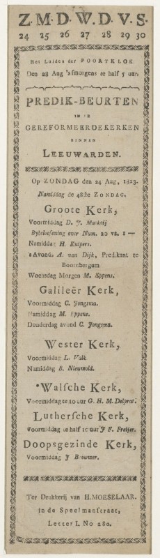 Kerkdiensten op 24 augustus 1823 te Leeuwarden