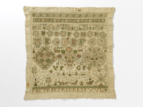 Merkletterlap met alfabet, initialen VF en GF, jaartal 1807, onderschrift: Pietrik Freerks FV VL