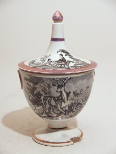 Suikerpot met zwart decor van jachtscènes
