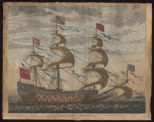 Kopergravure. Het koninklijke schip van Engeland