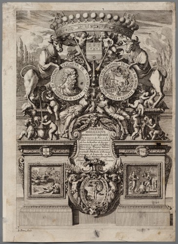 Ornamentprent. Trophées Medalliques des seigneurs de Rostaing.  Trophée Medailliqve Abondant et valevrevx.