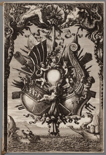 Ornamentprent. Trophees d'armes a l'italienne.