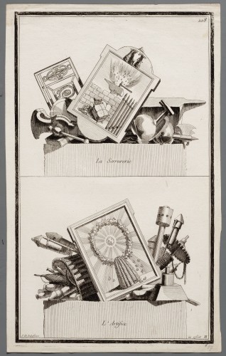 Ornamentprent. Nouvelle Iconologie Historique. Médaillons ronds, la Serrurerie / l'Artifice.