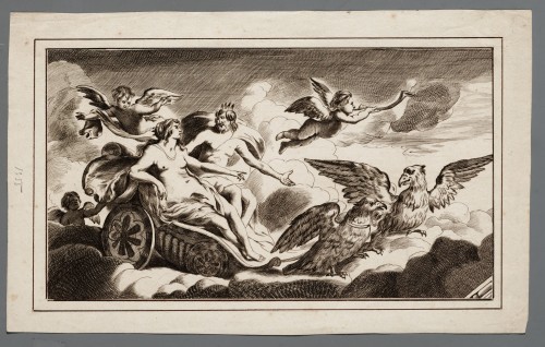 Ornamentprent. Jupiter in zijn triomfwagen.