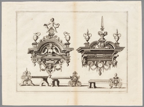 Ornamentprent. Verscheidene Schreinwercke als Portalen (kopie).