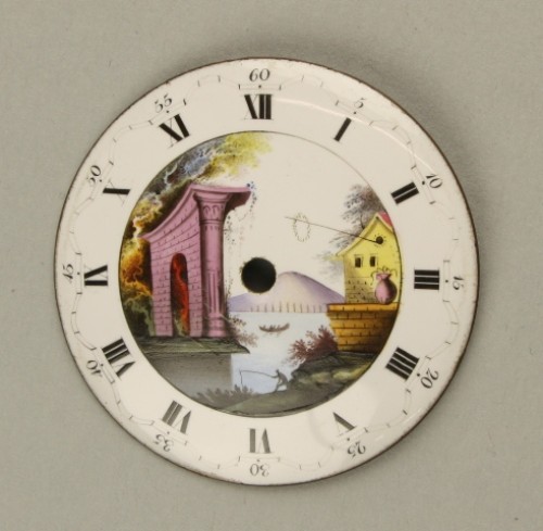 Horlogewijzerplaats met decor van landschap