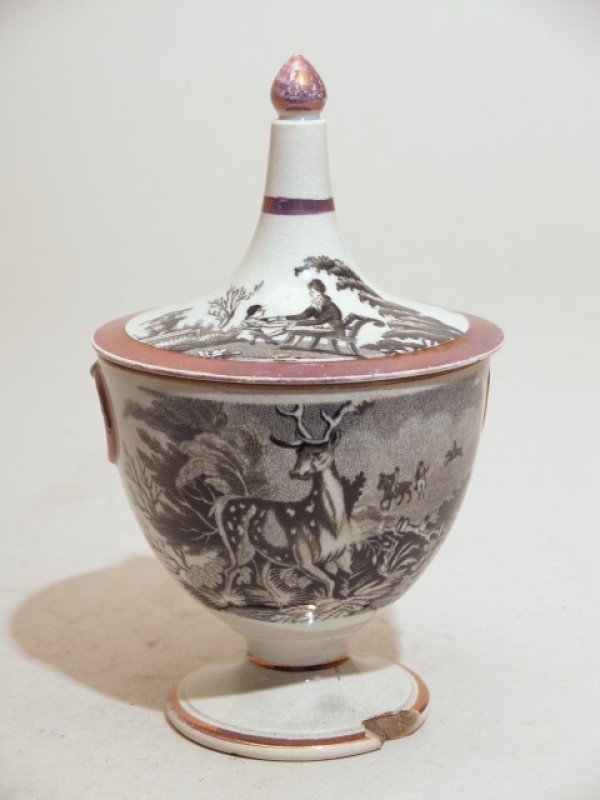 Suikerpot met zwart decor van jachtscènes