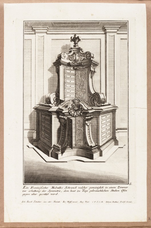 Ornamentprent. Ein Frantzösischer Medailles Schranck.