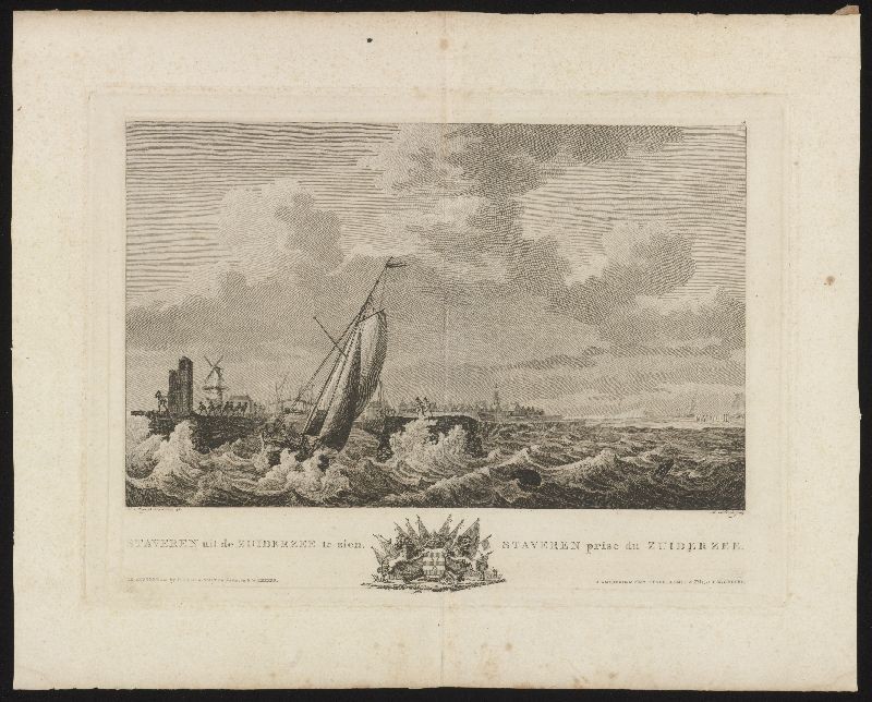 Kopergravure. Staveren vanuit de Zuiderzee te zien.