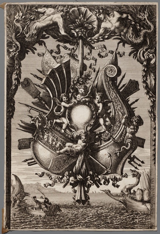 Ornamentprent. Trophees d'armes a l'italienne.