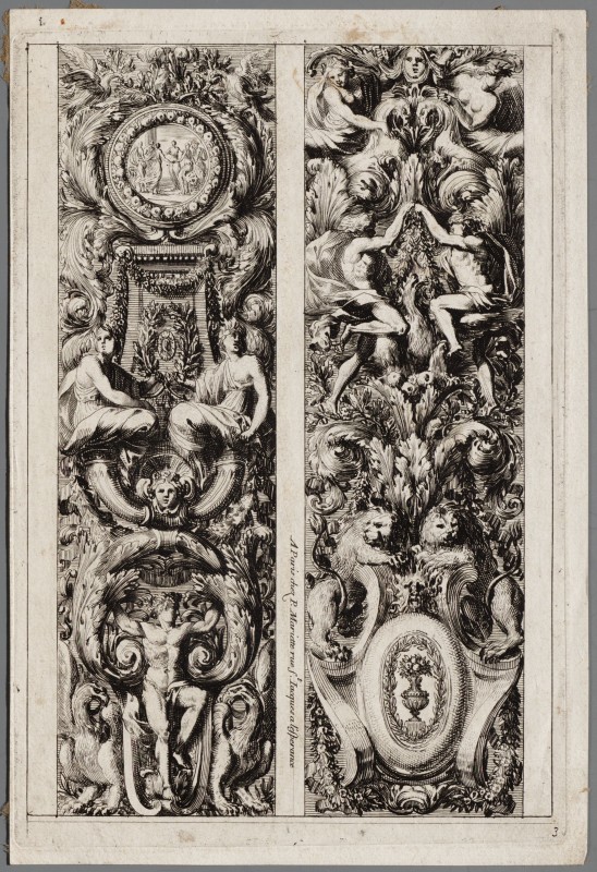 Ornamentprent. Montants de trophees d'armes a l'antique.