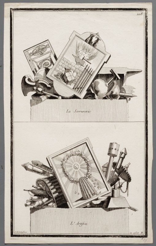 Ornamentprent. Nouvelle Iconologie Historique. Médaillons ronds, la Serrurerie / l'Artifice.