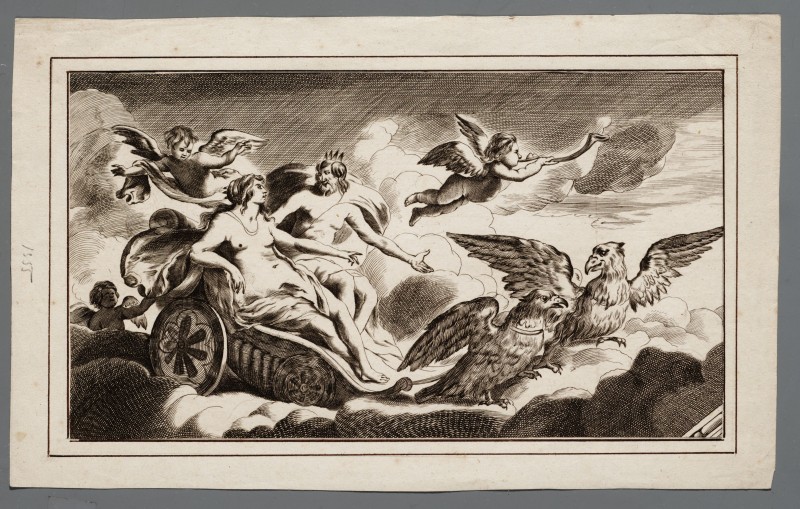 Ornamentprent. Jupiter in zijn triomfwagen.