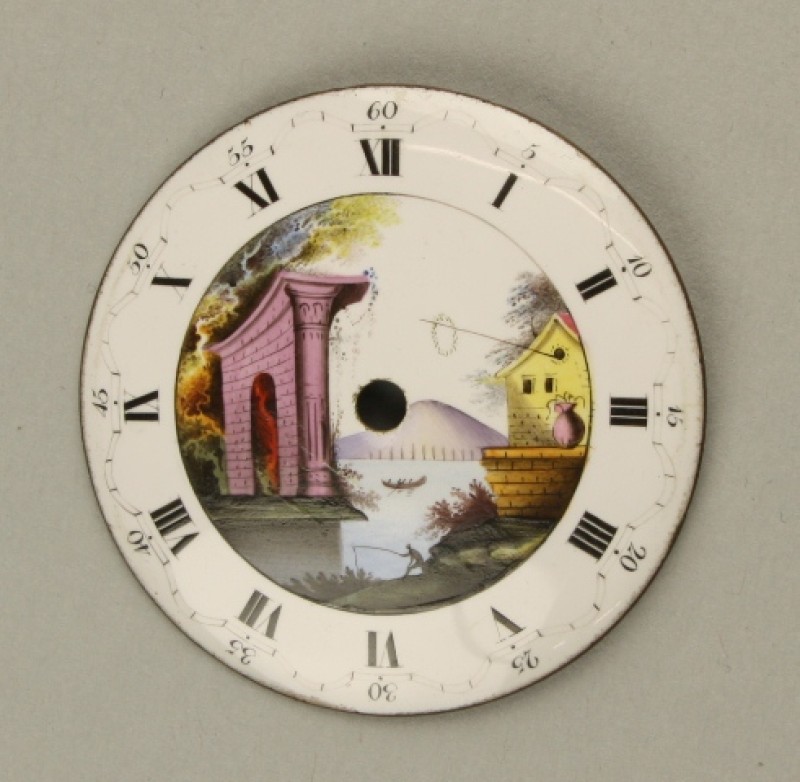 Horlogewijzerplaats met decor van landschap