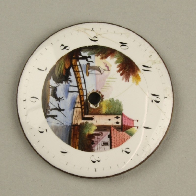 Horlogewijzerplaat met decor van landschap